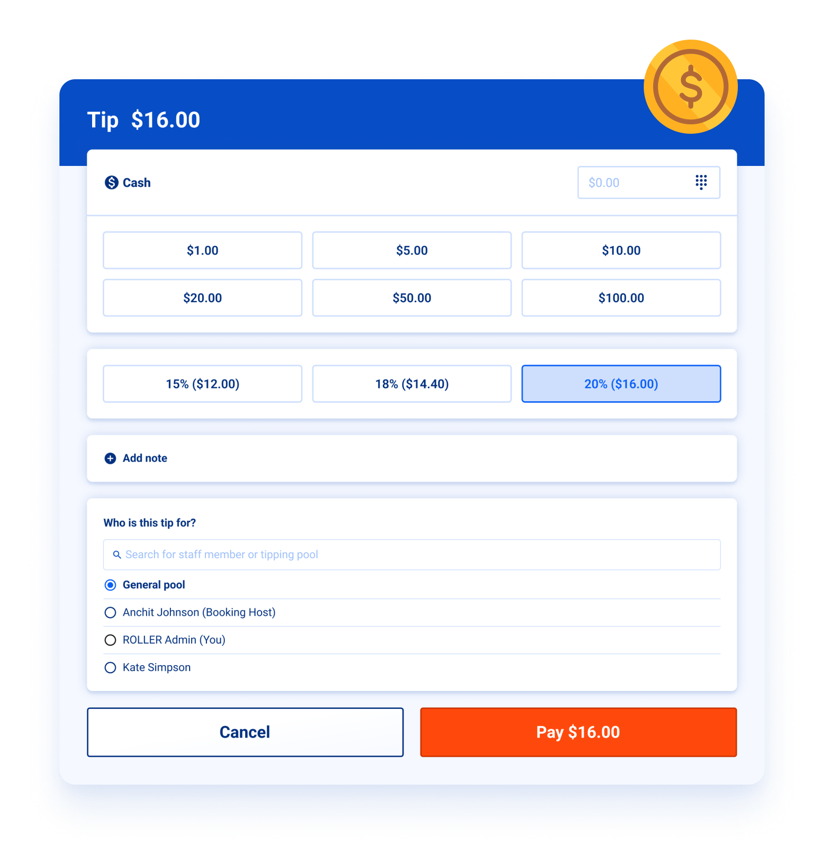 ROLLER Checkout with tips