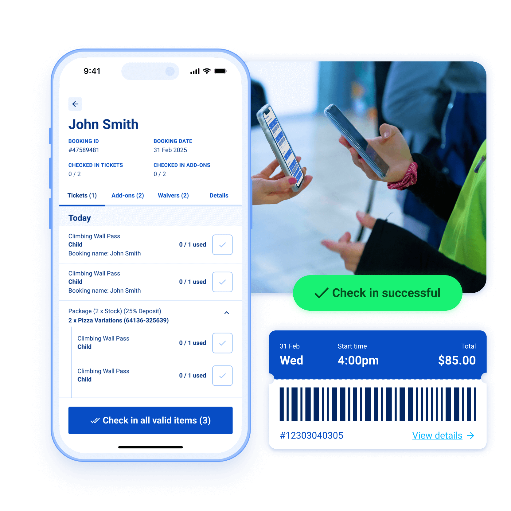 Mobile check-in with ticket, barcodes or RFID