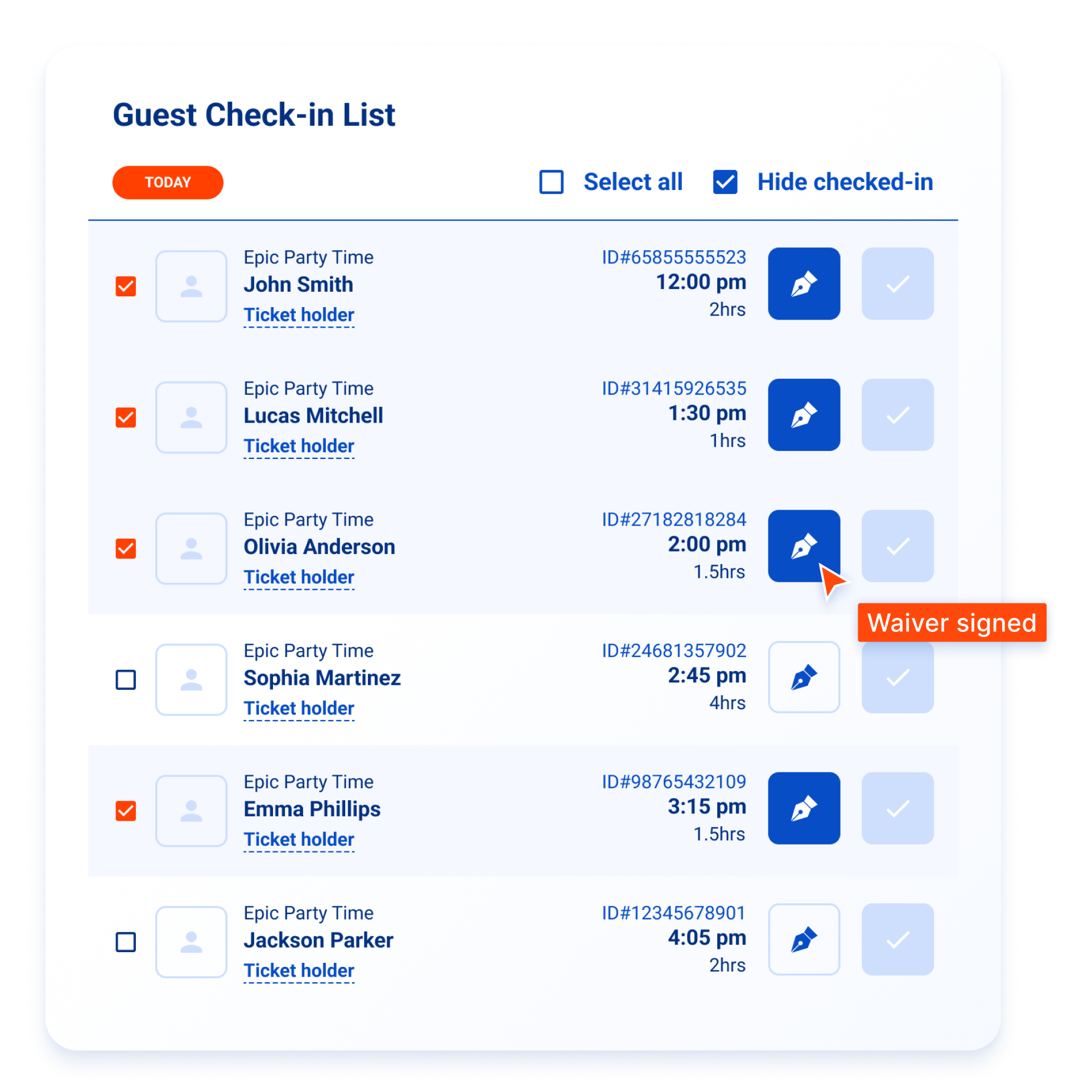Guest check-in list in POS
